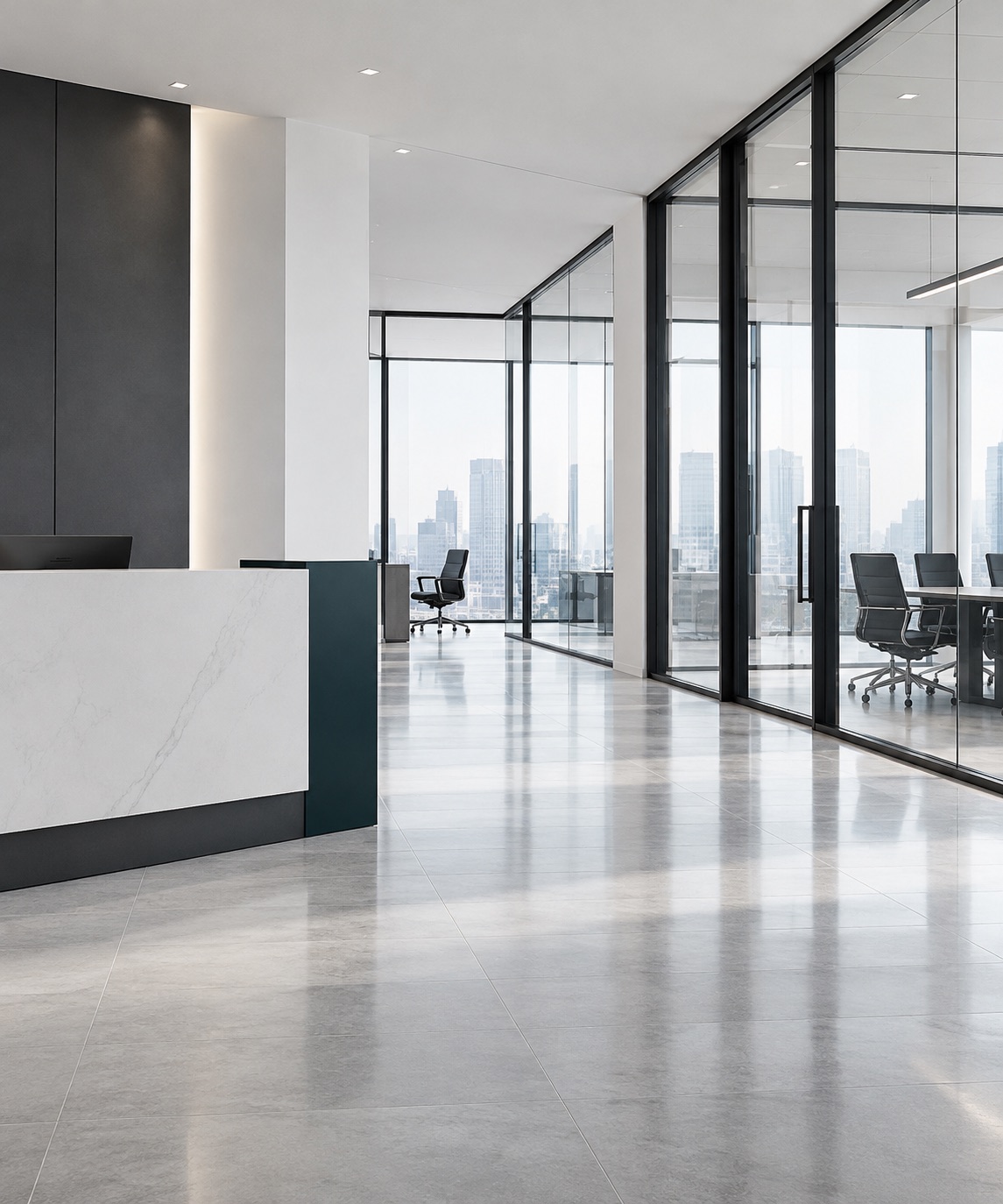 Illustrative image of a clean corporate reception with glass offices and a pale stone floor